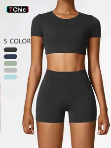 Women's Solid Color Yoga Set, Short Sleeve Slim Fit Shorts, Comfortable Breathable Quick-Dry, Quick Drying Outfits, Ideal for Summer Sports Wear, Fitness Clothes, Gym Outfits