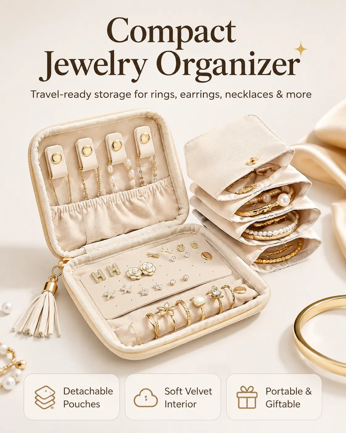 Travel Jewelry Organizer Case for Women, Portable Jewelry Box with Velvet Lining, Necklace Earring Ring Storage Pouch, Compact Travel Jewelry Case Cloud White