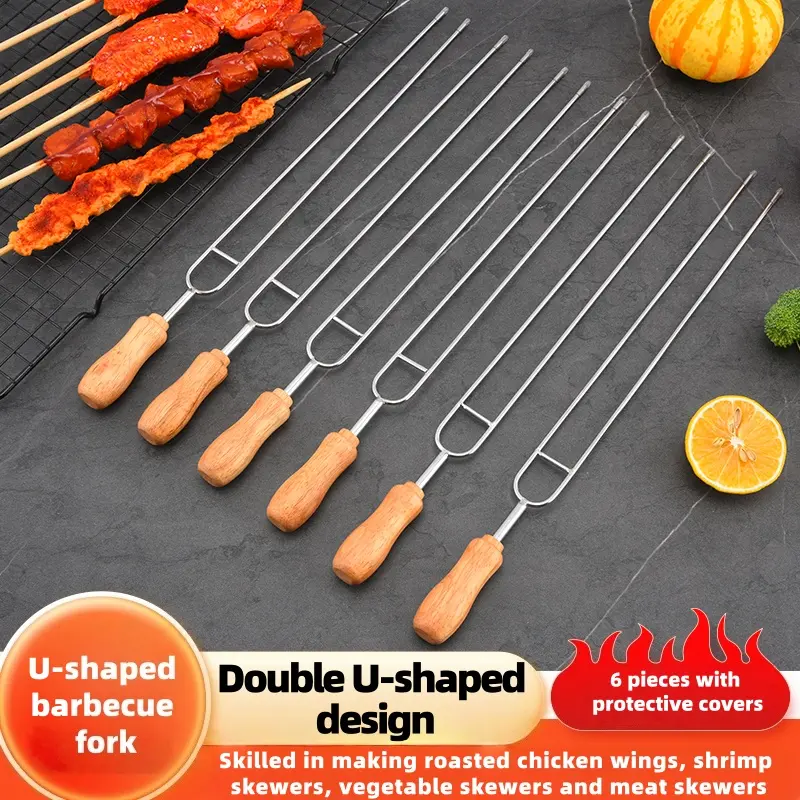 6-Pack Stainless Steel U-Shaped Barbecue Forks with Anti-Scalding Solid Wooden Handle, Camping Grilling Barbecue Accessories, Camp Kitchen Utensils for Chicken Wing Skewering