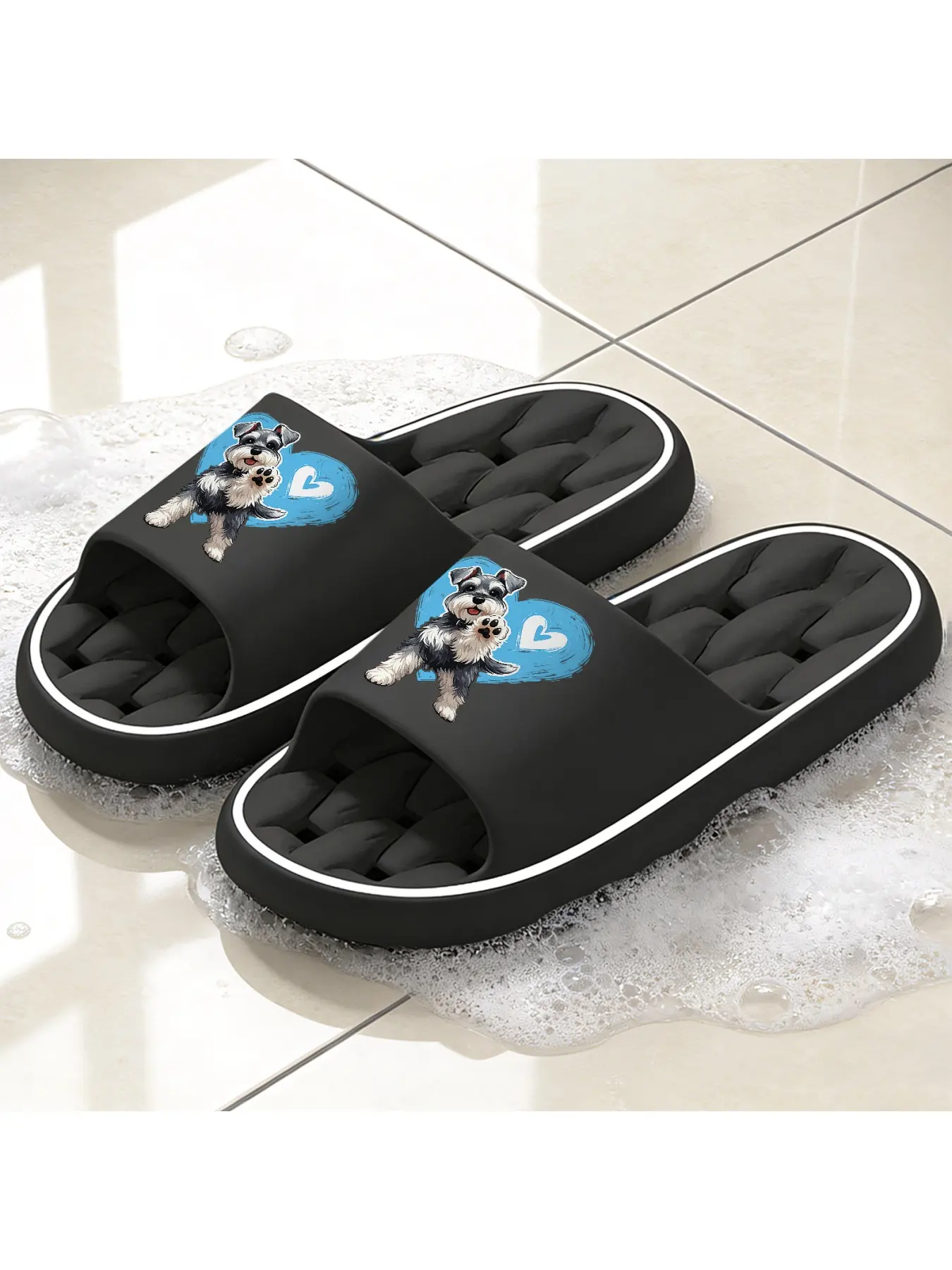 Cute Schnauzer Print Hollow Out Sole Slippers Soft and Comfortable Indoor Slippers Breathable Non-stuffy Feet Anti-slip Slippers for Bathroom Shower Lightweight and Versatile Casual Slippers Unisex All