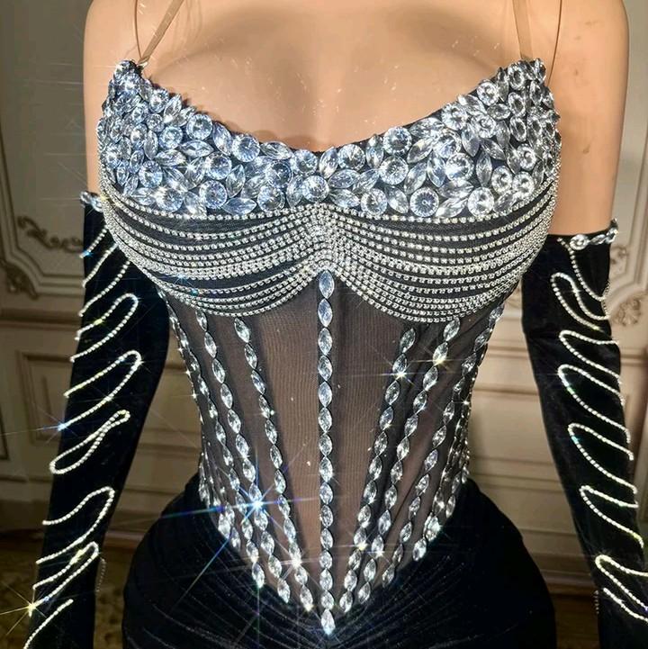 Crystal Elegance Velvet Corset Gown - Womenswear Formal Dress rhinestone old prom party maxi