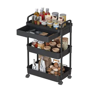 Rolling Utility Cart with Drawer for Office Bedroom Storage Organizer 3-Tier Cart with Drawer,Storage Shelves Organizer Cart, Black