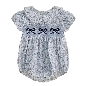 Infant Baby Girl Bubble Romper Bodysuit Cute Floral Print Bow Embroidery Doll Collar Short Sleeve Jumpsuit Summer Outfit #Springtok