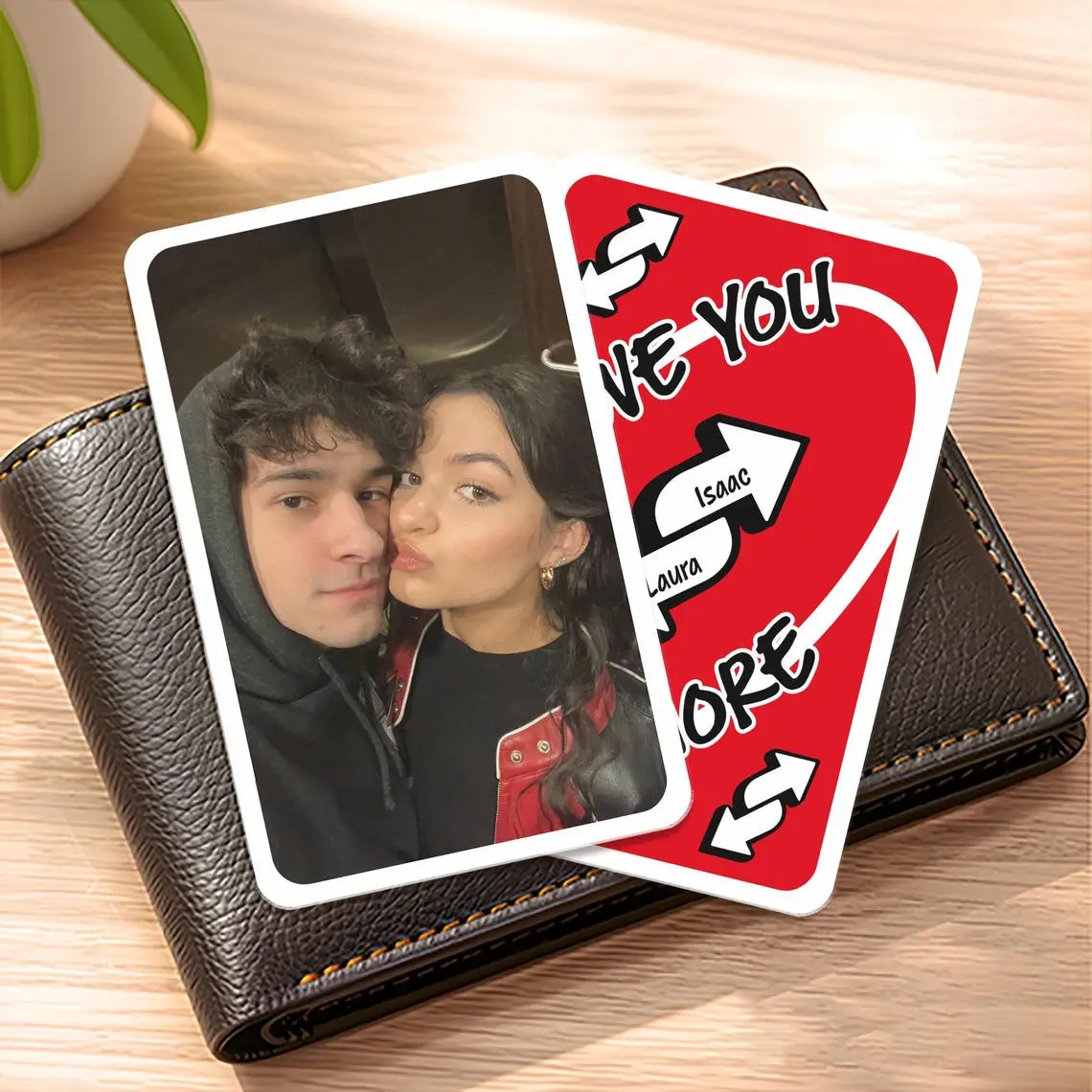 Custom Uno Reverse Love You More Graphic Wallet Card - Personalized Scratch-Res. Classic Metal Office Stationery Card Holder Accessory, Boyfriend Father’s Day Gift Idea