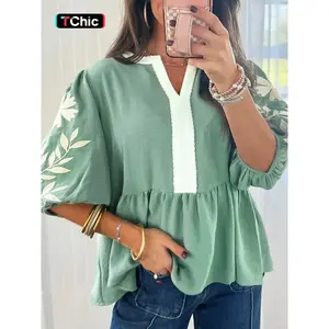 Summer Fashion Colorblock V-Neck Embroidered Bubble Sleeve Doll Top, Stylish Contrast Design, Perfect for Casual Wear