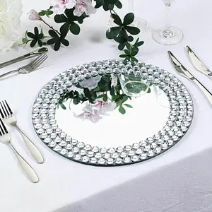 2-Pack Mirror Glass Charger Plates 13", Round Silver Mirror Diamond Beaded Rim - Upscale Decorative Chargers