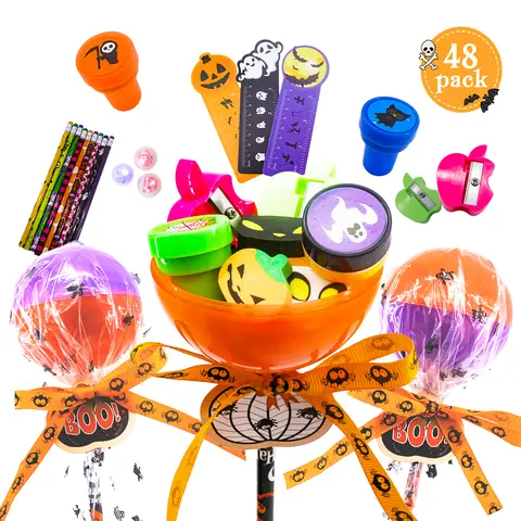 Happy Halloween Gifts for Kids - 48/24 Pack Lollipop-Shaped Stationery Set with Pumpkin Cards Slap Bracelets Pencils Erasers Stampers Sharpener for Classroom Exchange School Boys Girls Party Favors