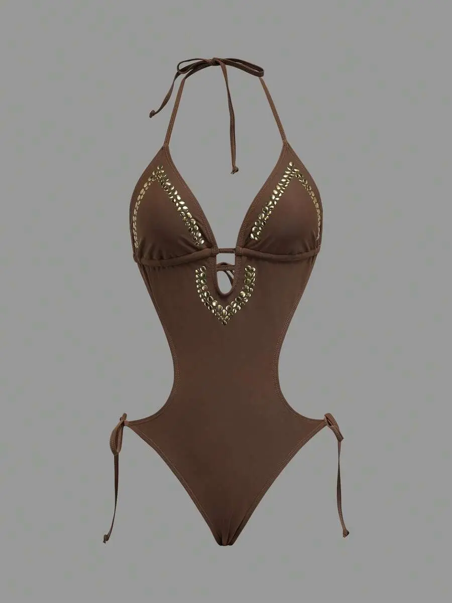 SOLARA Women's Brown One-Piece Swimsuit, 70s Retro Metal Decor Backless Halter Bathing Suit, Summer Studded Bikini For Beach Vacation, Party, Western, Bohemian