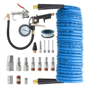 Gunpla 19-Piece Air Compressor Accessories Kit | 1/4" x 25ft Recoil Poly Air Hose | 150 PSI Tire Inflator Gauge & Heavy-Duty Blow Gun | Industrial Steel Quick Couplers & Fittings for Inflation & Cleaning