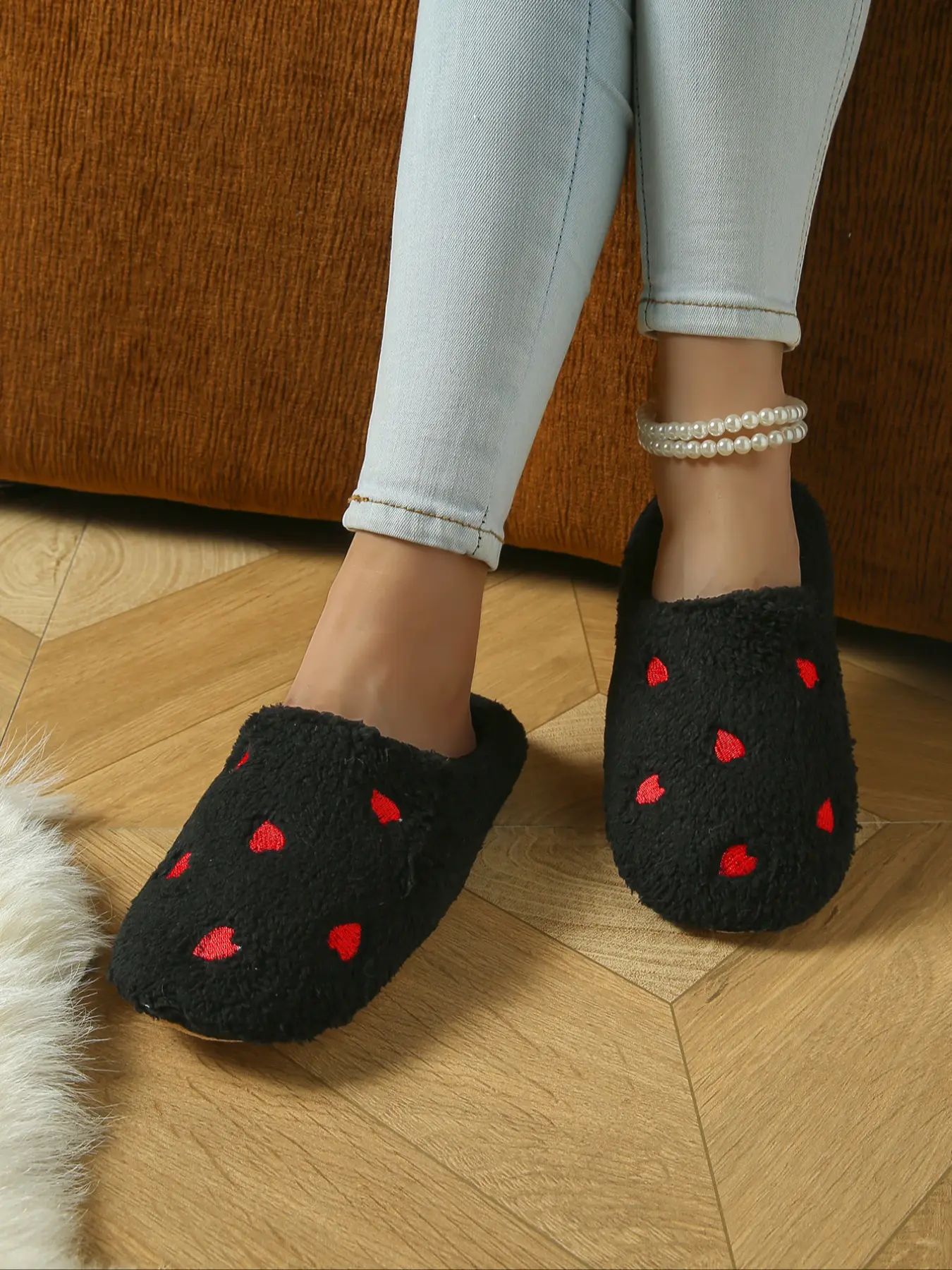 Women's Fall Winter Cartoon Heart Pattern Home Warm Couple Fashion Shoes, Casual Indoor House Slippers, Fuzzy Warm Slippers, Textile Upper, Fabric Sole, Home Footwear