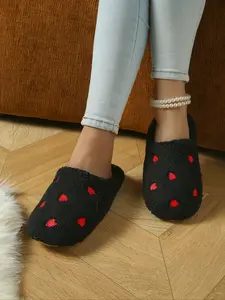 Women's Fall Winter Cartoon Heart Pattern Home Warm Couple Fashion Shoes, Casual Indoor Slippers, Fuzzy Warm Slippers, Textile Upper, Fabric Sole