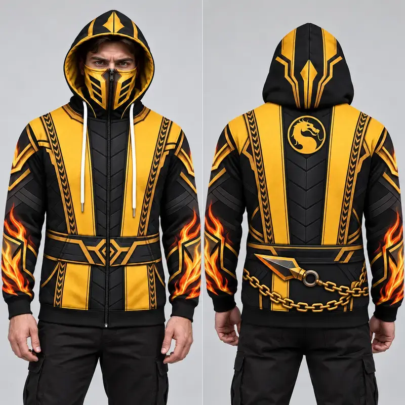 Mortal Kombat Sub-Zero Men’s Zip-Up Hoodie, Yellow Black Ninja Armor All-Over Print Hooded Sweatshirt, Cosplay Gamer Gift