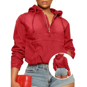 USBoutique Chic women’s gradient half-zip denim hoodie pullover, long sleeves, ombre style, relaxed fit—casual jean top for everyday fall wear