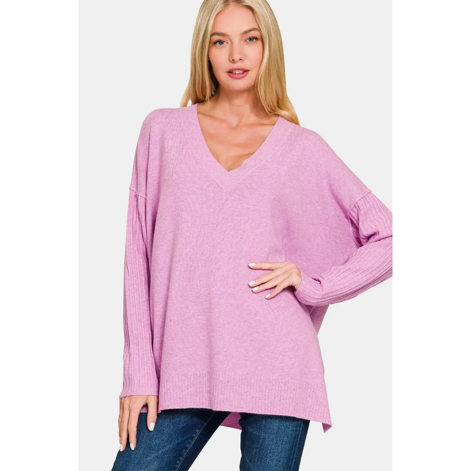 Zenana V-Neck Side Slit High-Low Sweater