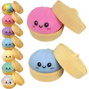 2PCS Dumpling Squishies with Steamer Box, Colorful Bao Bun Stress Relief Fidget Toy, Soft Stretchy Sensory Desk Squeeze Toys Party Favor Gift,Pink and Bule