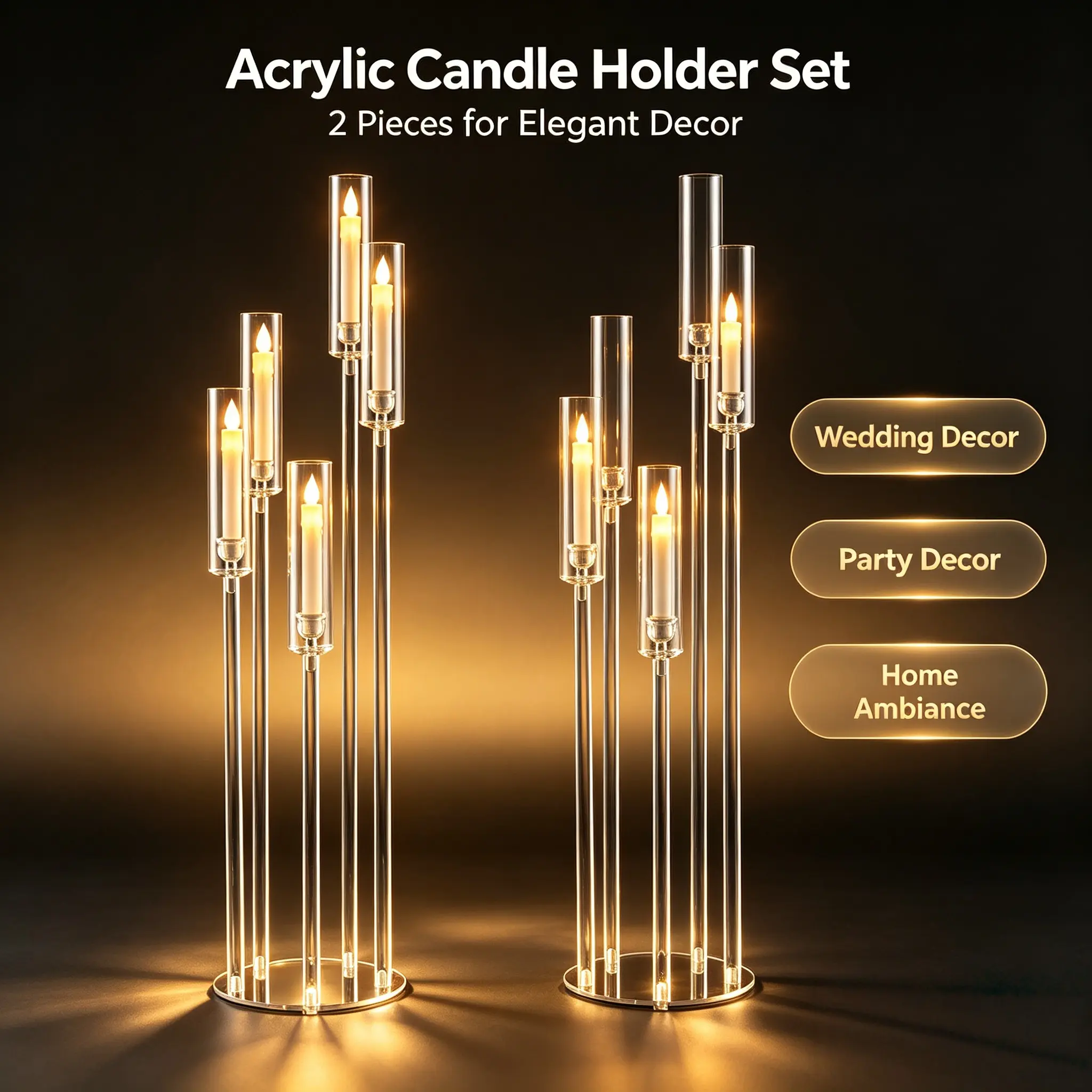 1/2Pcs 5-Arm Floor Acrylic Candle Holders, High Clear Floor Candelabra Wedding Table Centerpieces, Decor for Ceremony, Birthday Party & Home, Fits 0.8cm LED Candles