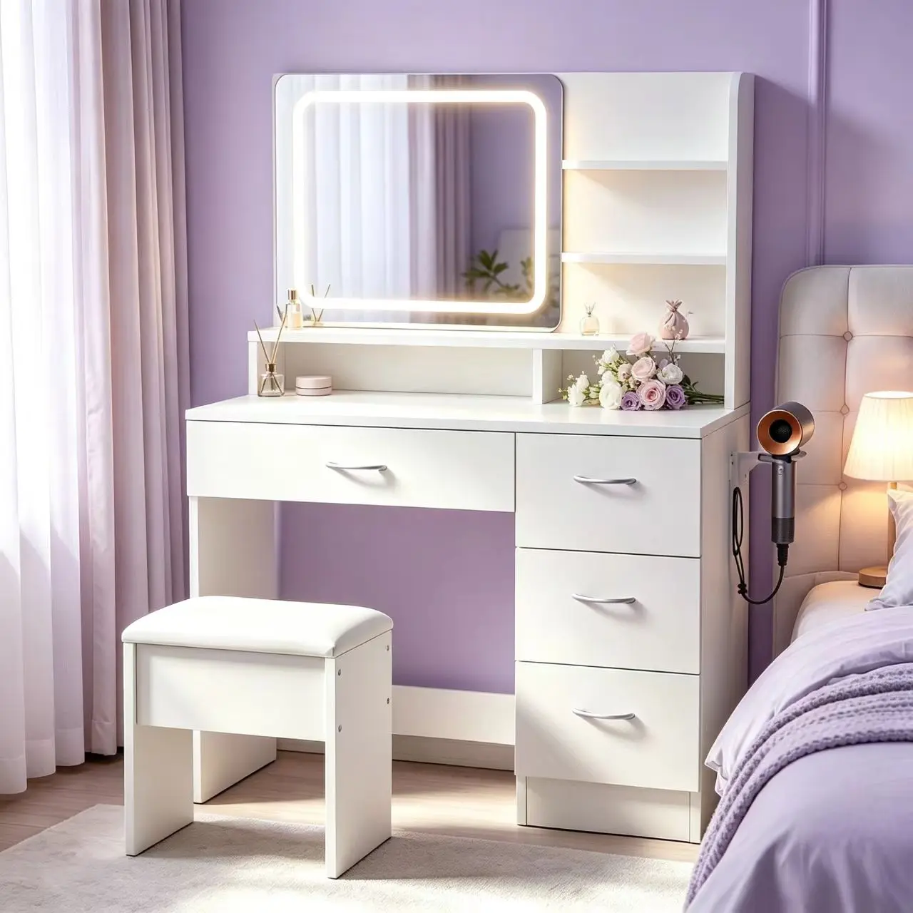 Bedroom Vanity Table with LED Mirror, Storage Cabinet, Stool - Space-Saving Adjustable Lighted Extensible Vanity with Lights for Beauty Organization