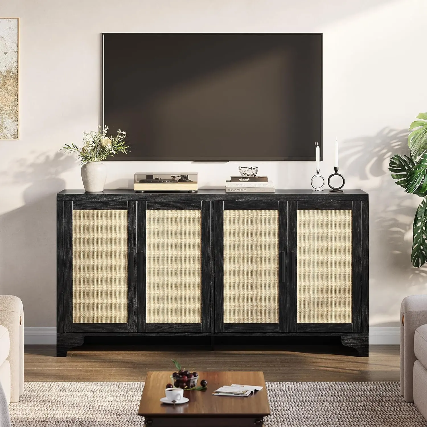 Gaomon Black Farmhouse Boho Storage Cabinet - Natural Rattan Home ...