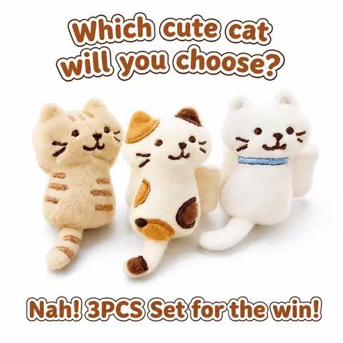 Cute Cat Strap Clips, Soft Plush Cat Bag Charm with Velcro Back, Backpack Strap Clip Cable Holder for Earphones, Straps & Small Items, Kawaii Gift for Cat Lovers