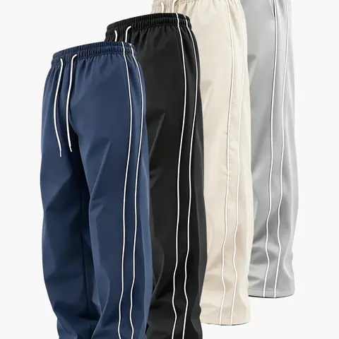 Men’s autumn knit sweatpants with side double stripes, elastic drawstring waist, loose straight-leg fit—classic street-style men’s everyday long pants