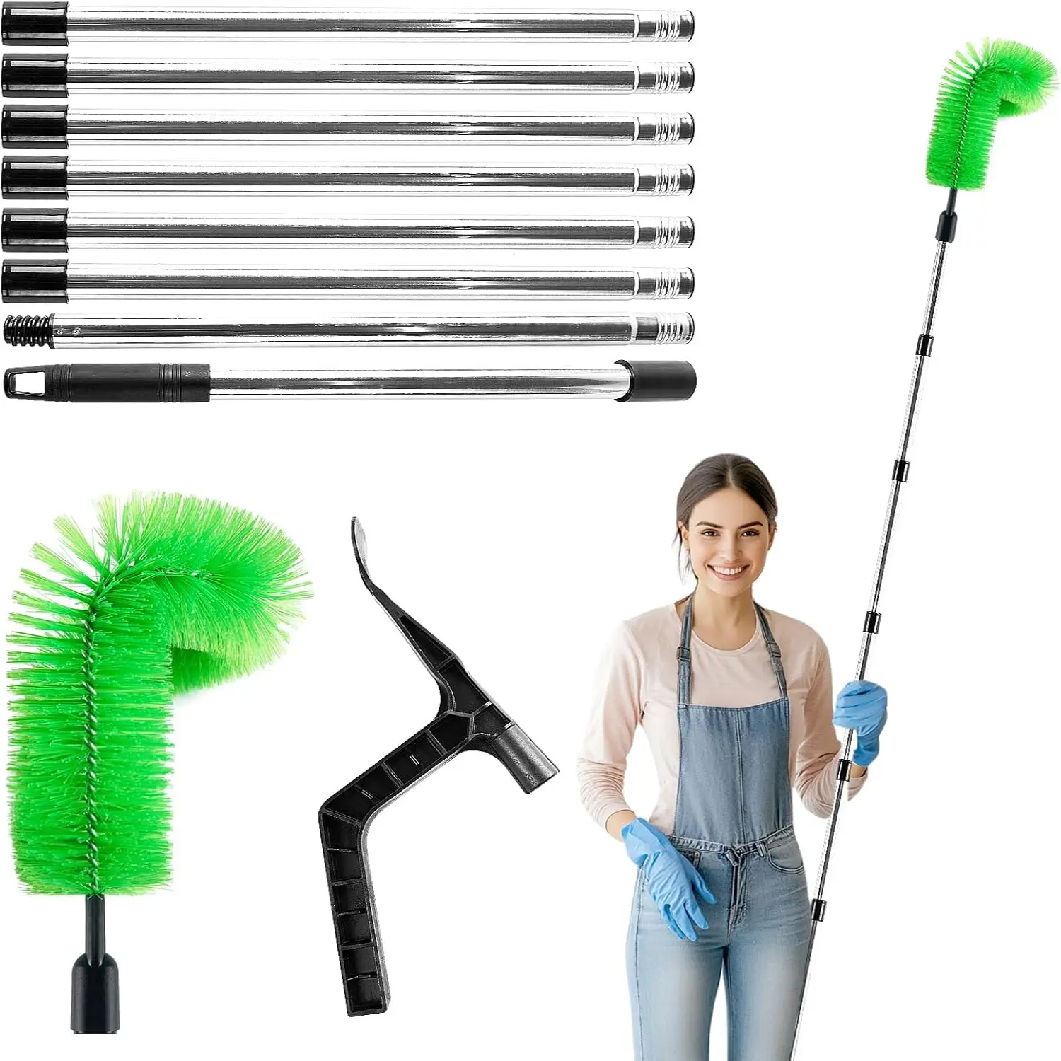 2-In-1 Gutter Cleaning Tools Set, 10.5 Ft Stainless Telescopic Pole with 8 Extendable Ropes, Includes Gutter Brush & Leaf Shovel, Portable Design