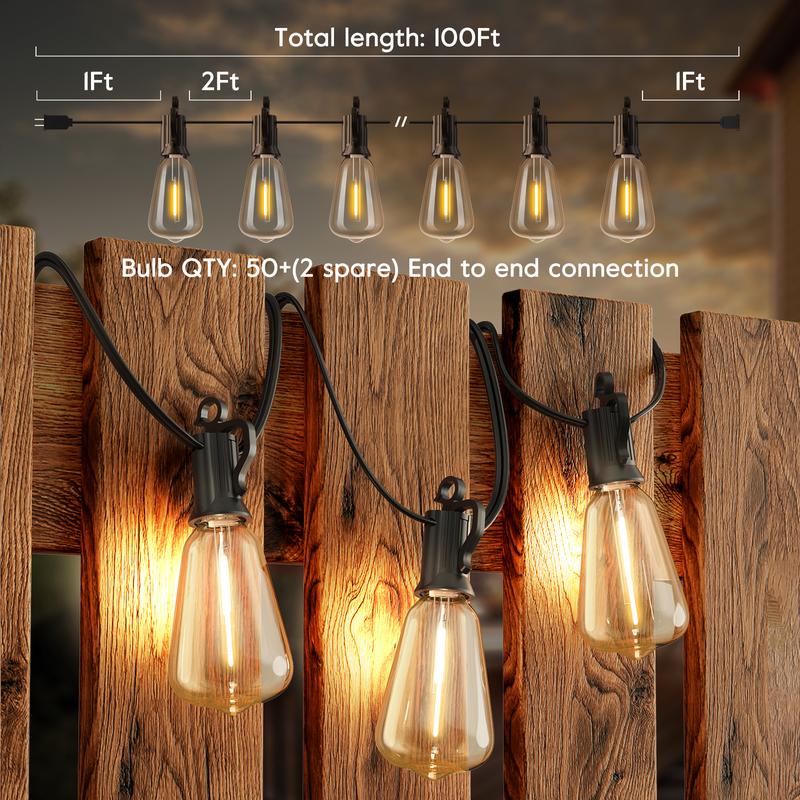 Brightown 100FT Outdoor String Lights LED Patio Lights with 50 Shatterproof ST38 Edison Bulbs Dimmable Waterproof for Backyard Deck Garden Party Xmas Decor