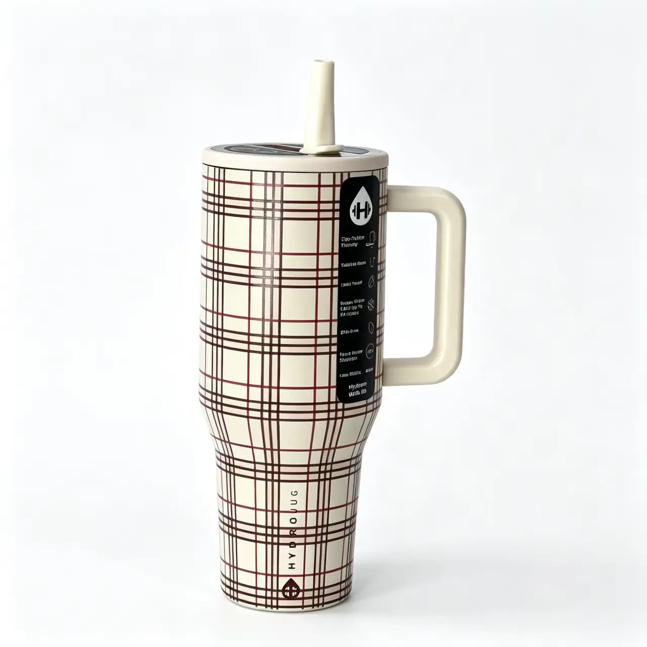 40oz HydroJug Stainless Steel Insulated Stylish Vacuum Flask - Burgundy Plaid Checkered Travel Tumbler with Handle, Straw, Leakproof Thermal Design for Road Trips, Outdoor Use; Retro Black Witchy Sublimation Blank Sports Cup for Travelers
