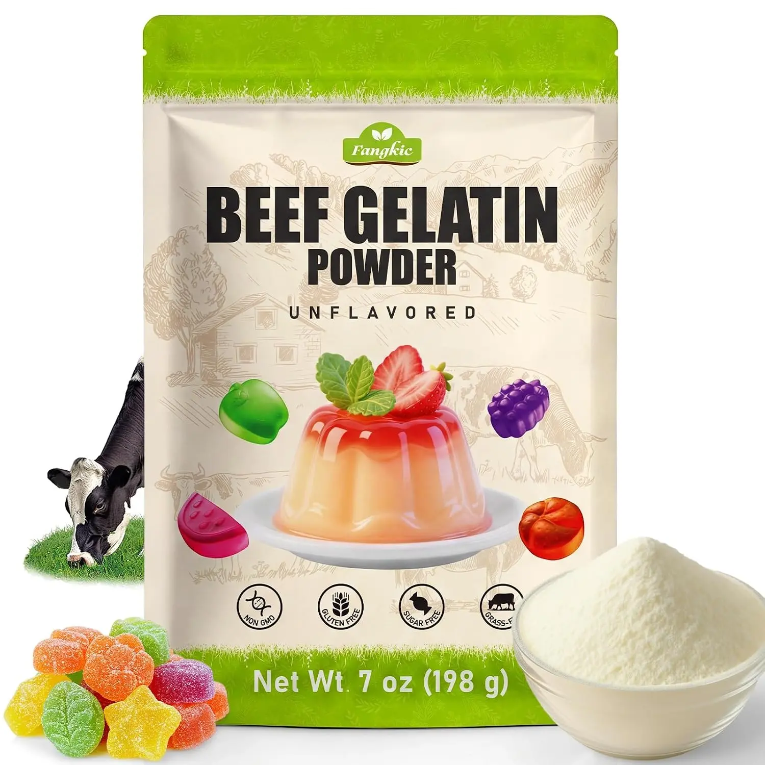 Beef Gelatin Powder Unflavored, 7 oz/198 g Grass Fed Gelatin Powder | Premium Gelling & Thickening Agent, Gluten & Sugar Free, Versatile Gelatin for Gummies, Jello, Baking, Cooking, Drinks