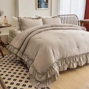Taupe Comforters Queen Size Set, Vintage Boho Chic Farmhouse Bedding Sets Shabby Ruffle Queen Bed Comforter Bedding 3PCS(1 Comforter and 2 Pillowcases)