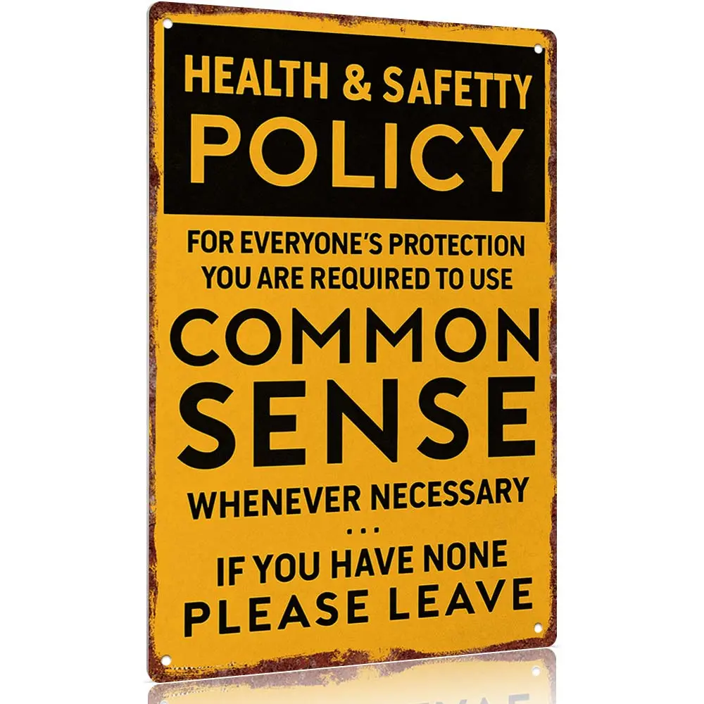 Vintage Durable Aluminum Decorative Plaque - "Health & Safety Policy - Use Common Sense" 12x8in Funny Signage, Home Supplies Wall Art for Adult Home, Easy-Install Office Hanging Gift