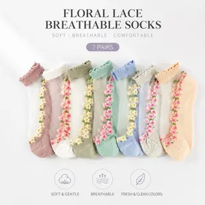 7 Pairs Women's Sheer Ankle Socks – Ultra-Thin Nylon Mesh, Low Cut Invisible, See-Through Floral Pattern & Violet Mist Design for Summer
