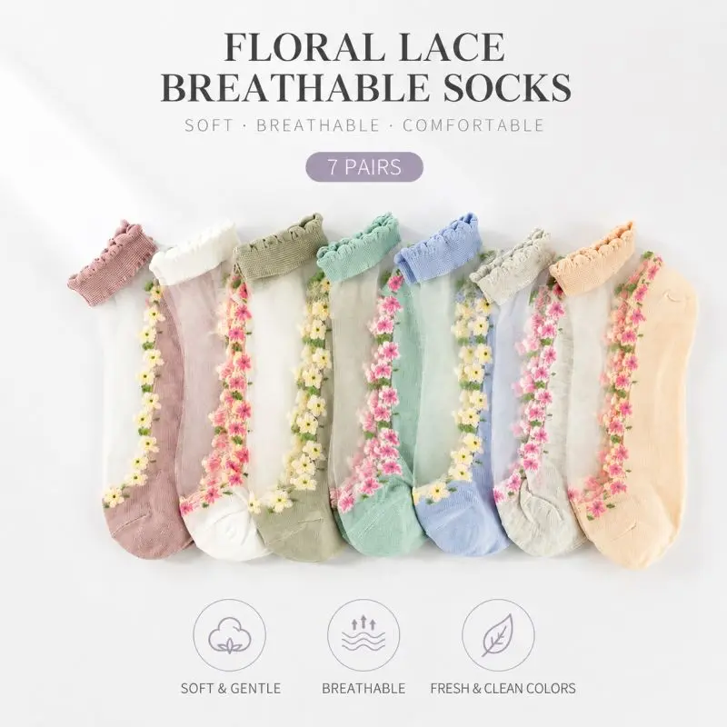 Women's 7-Pair Sheer Ankle Socks - Ultra-Thin Nylon Mesh, Low Cut Invisible, Light Cotton, Chic See-Through Floral, Cute Violet Mist Design for Casual Summer Wear, Breathable, Lace