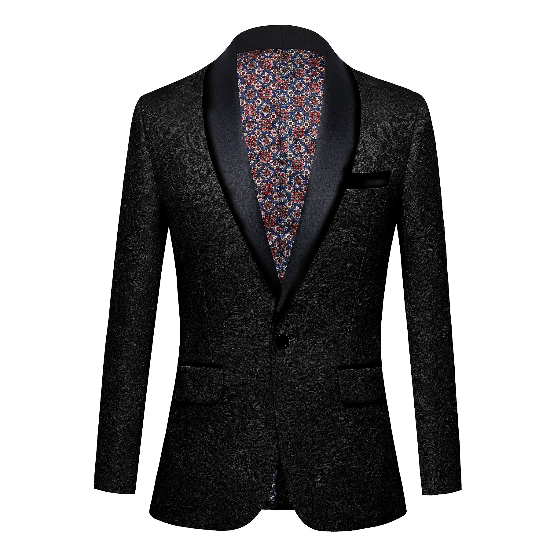 Mens Floral Tuxedo One Button Luxury Shiny Blazer Dinner Party Prom Wedding Suit Jacke-Black Jacket Jacquard