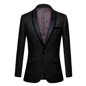 Mens Floral Tuxedo One Button Luxury Shiny Blazer Dinner Party Prom Wedding Suit Jacke-Black Jacket Jacquard