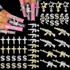 50PCS Gun Nail Charms 3D Cross Dollar Charms for Nails Gold Silver Nail Gems for Manicure Snake Charms Nail Decoration Craft Accessories