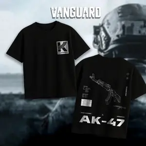 VANGUARD AK47 Blueprint Double Sides Heavy Cotton T-Shirt Vintage Kalashnikov Graphic Tee Gun Enthusiast Streetwear Clothing Gift for Men Breathable Printing Tactical Gear Military appreciation