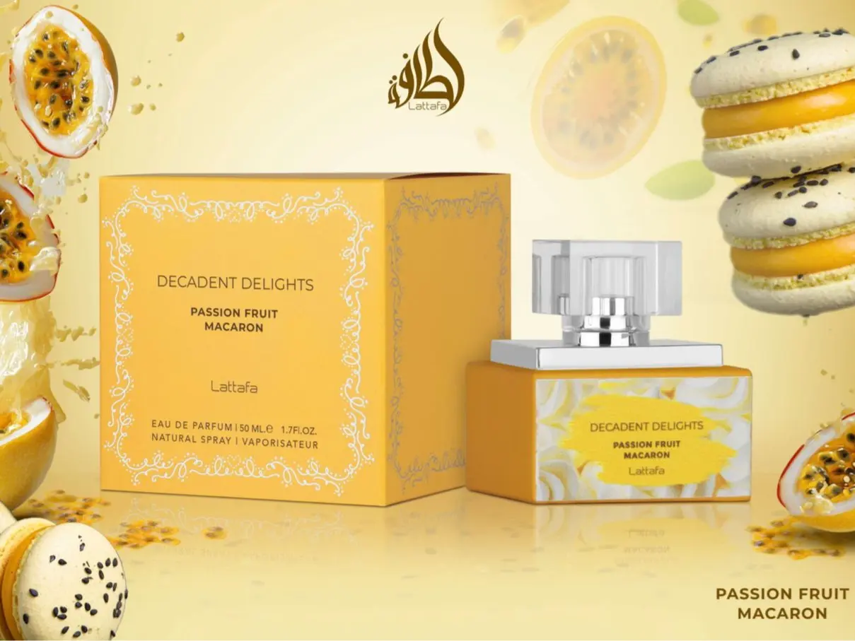 Lattafa Decadent Delights Passion Fruit Macaron Aromatic Sweet Fruity Harmonious EDP, 50 ML Unisex Fragrance with Peach, Almond & Vanilla Notes