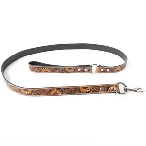 Clairmonte Dog Leash in Leather Light Brown with Floral Design and Metal Clip