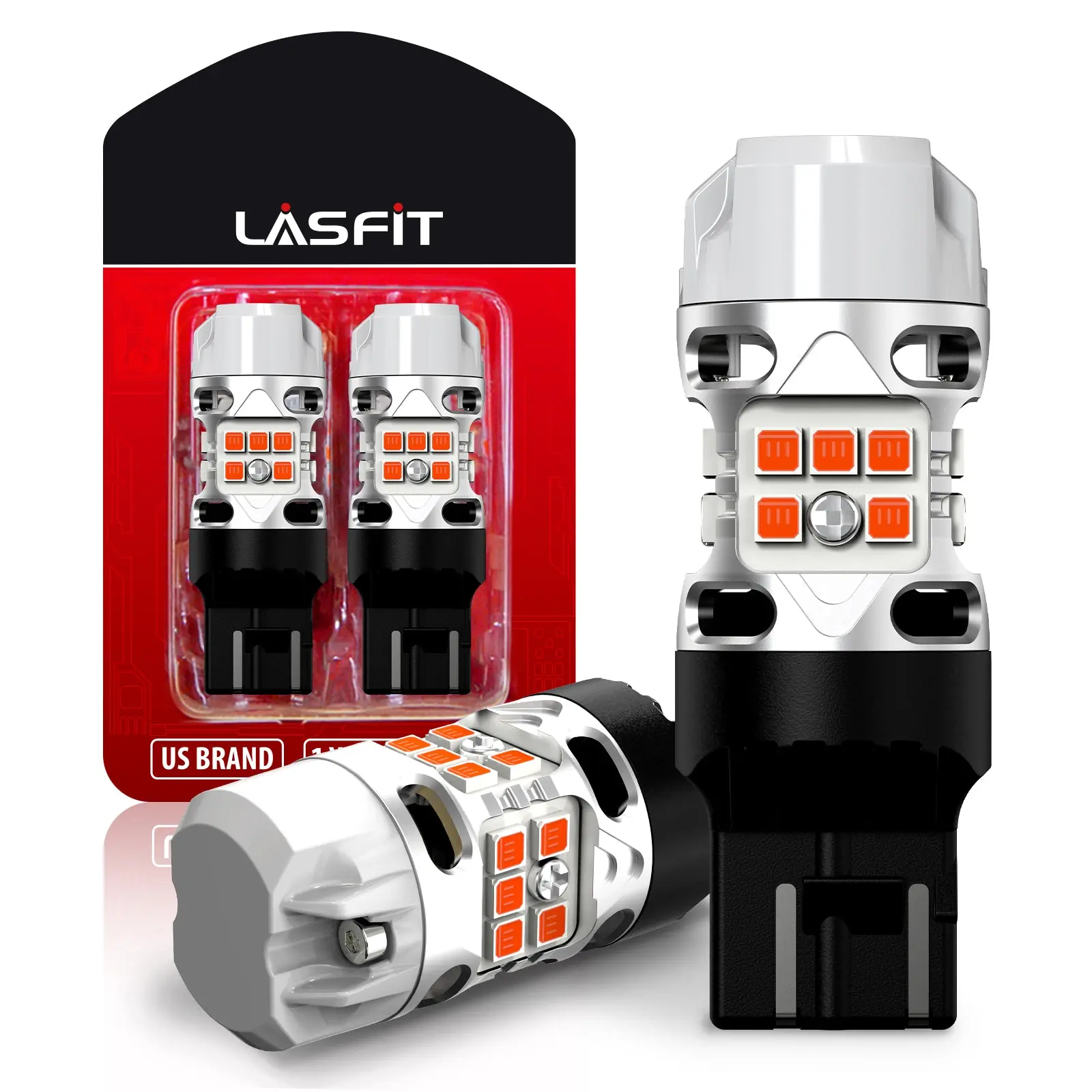 Lasfit T3 Series 7440 7443 LED Car Turn Signal & Roof Marker Bulbs - CanBus-Ready Amber Lights, 24W Output (24W/Bulb), 2000lm Cooling Design, No External Resistors (2 PCS)