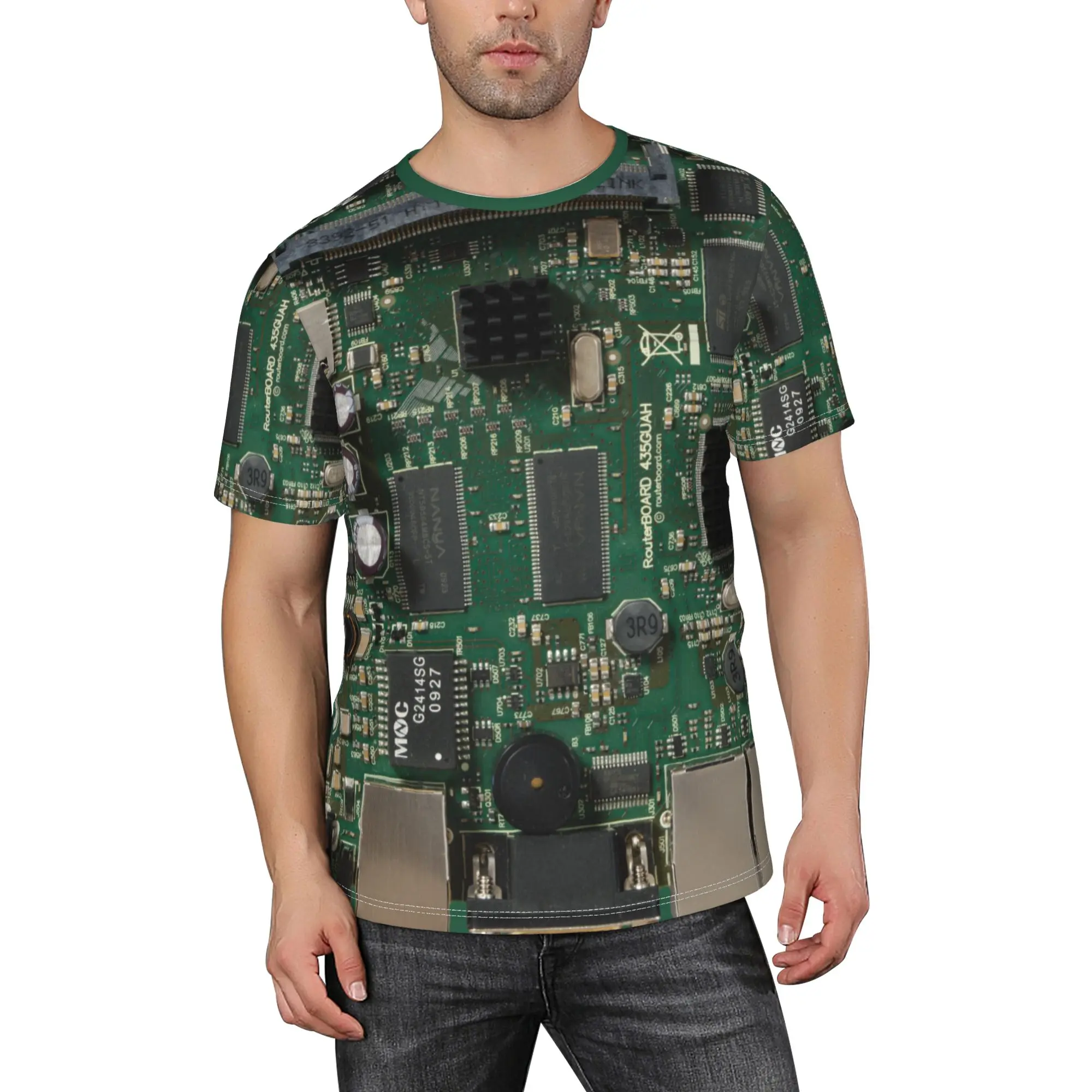 [Integrated Circuit Design] Men's 3D Circuit Board Print T-Shirt | Green Short Sleeve Casual Summer Tee, Lightweight & Breathable, Regular Fit Round Neck, Electronic Circuit Board Shirt, Funny Gift For Men, Nerd, Men Pixel Tshirt