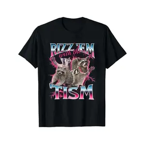 Rizz 'Em With The 'Tism Raccoon Graphic Tee - 90s Retro Autism Meme T-Shirt