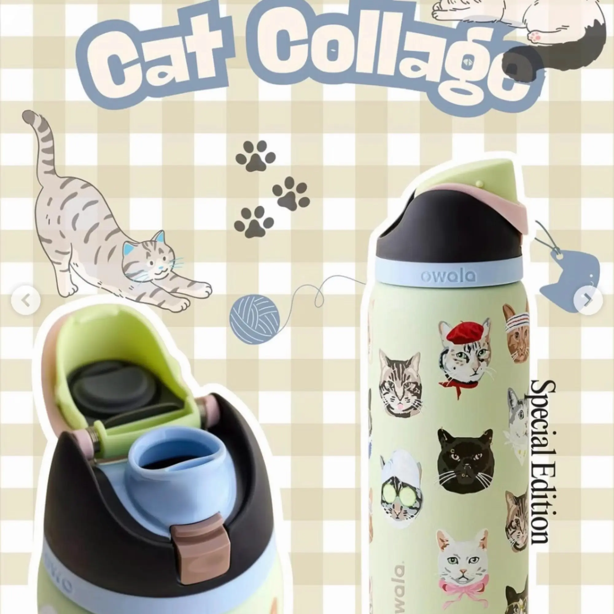 [New] Owala UO Exclusive Cat Collage FreeSip 32 oz Water Bottle, 24-hour insulation, suitable for daily use, gift for mom