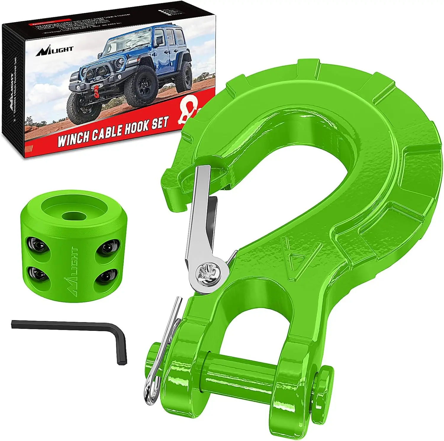 Nilight Solid Forged Alloy Steel Winch Strap Hook Set - 3/8" Grade 70 Spring Latch Safety Lock, Stopper, Clevis Slip Hook, 35000 lbs Max Load, Off-Road Use, Marine Rope Compatible, Allen Wrench Included, Easy to Install, Lifetime Best Customer Service, Ru