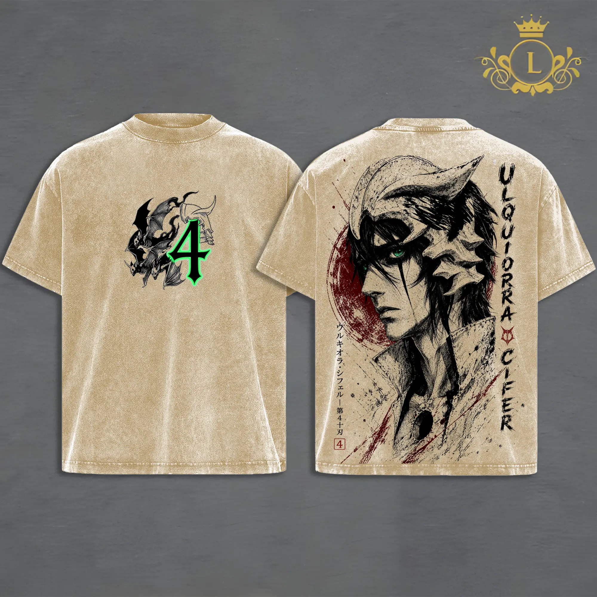 Bleach Ulquiorra Cifer Espada Number 4 Vintage Washed Oversized T-Shirt Hoodie, Double Printed Hollow Anime Manga Portrait Graphic, Green Eyes Dark Aesthetic, Heavyweight Cotton Streetwear, Unisex Anime Fan Apparel