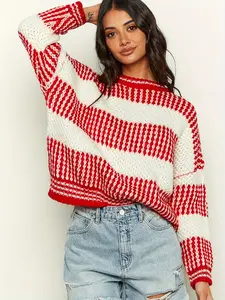 ZAFUL Women's 2024 Fall Winter Color Block Striped Sweater Crew Neck Sweaters Casual Loose Knit Sweater
