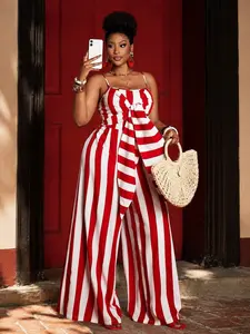 Women's Plus Size Striped Jumpsuit, Thin Strap V Neck Front Tie Wide Leg Palazzo Pants, Casual Vacation Wear for Curvy Women