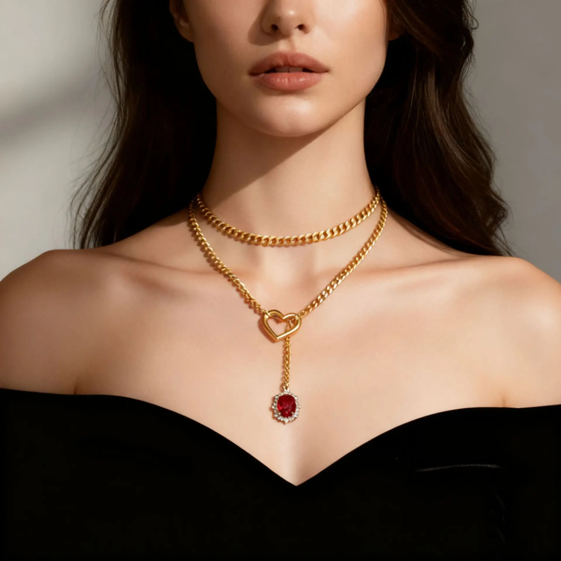 Women's Vintage Layered Necklace with Heart Pendant & Cuban Chunky Chain, Stylish Gold-Tone Accessories for Daily Wear, Stylish Accessories, Necklaces For Women, Gold Aesthetic, Alloy Heart, Female, Ins Style, Everyday Use, Heart Motif