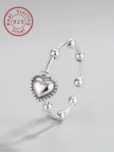 925 Sterling Silver Fashion Hollow Out Heart Design Cuff Ring, Heart Shaped Ring, Adjustable Open Ring for Women & Girls, Trendy All-match & Exquisite Jewelry for Birthday Gift