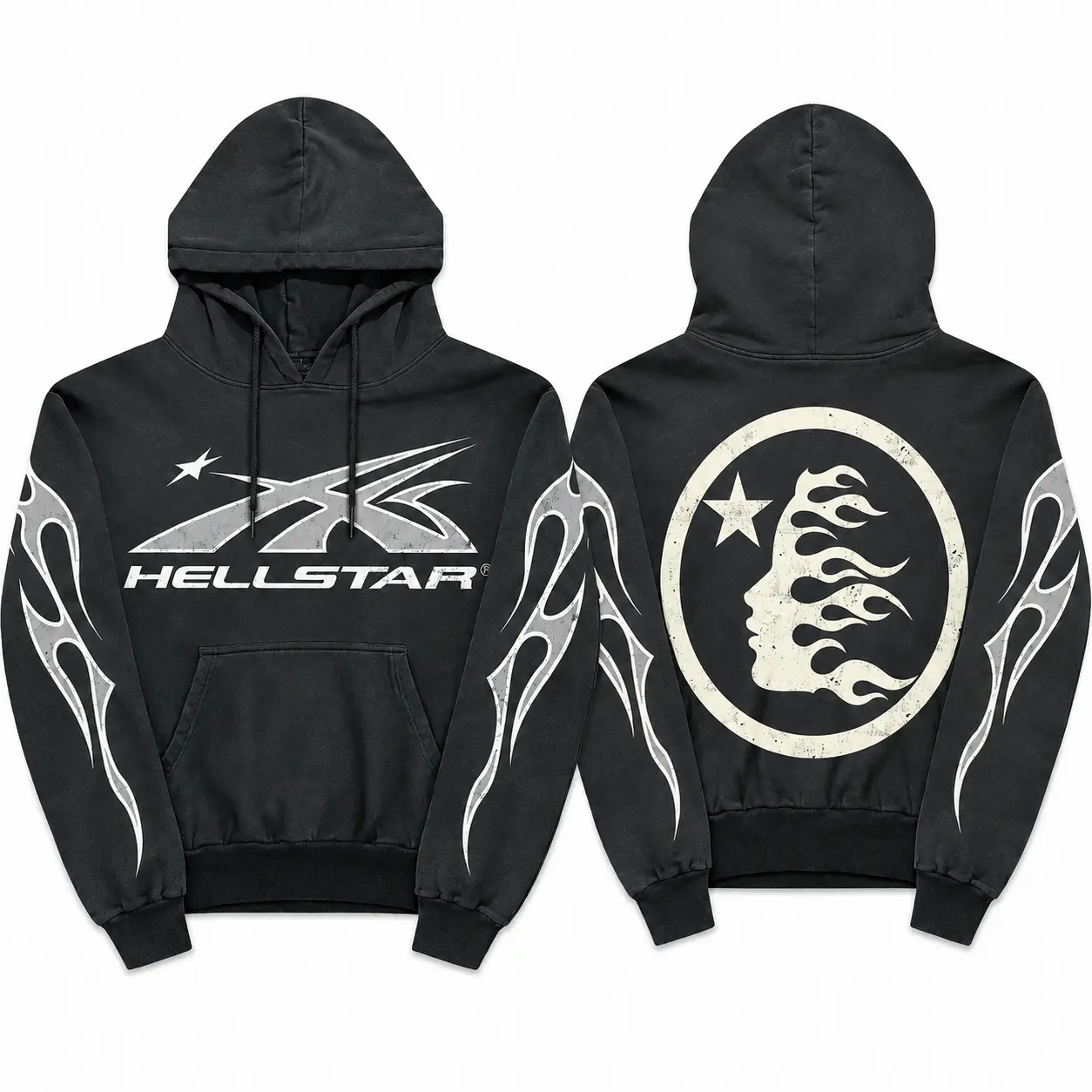 Hellstar Flame Face Tribal Graphic Hoodie, Front Back Print Pullover