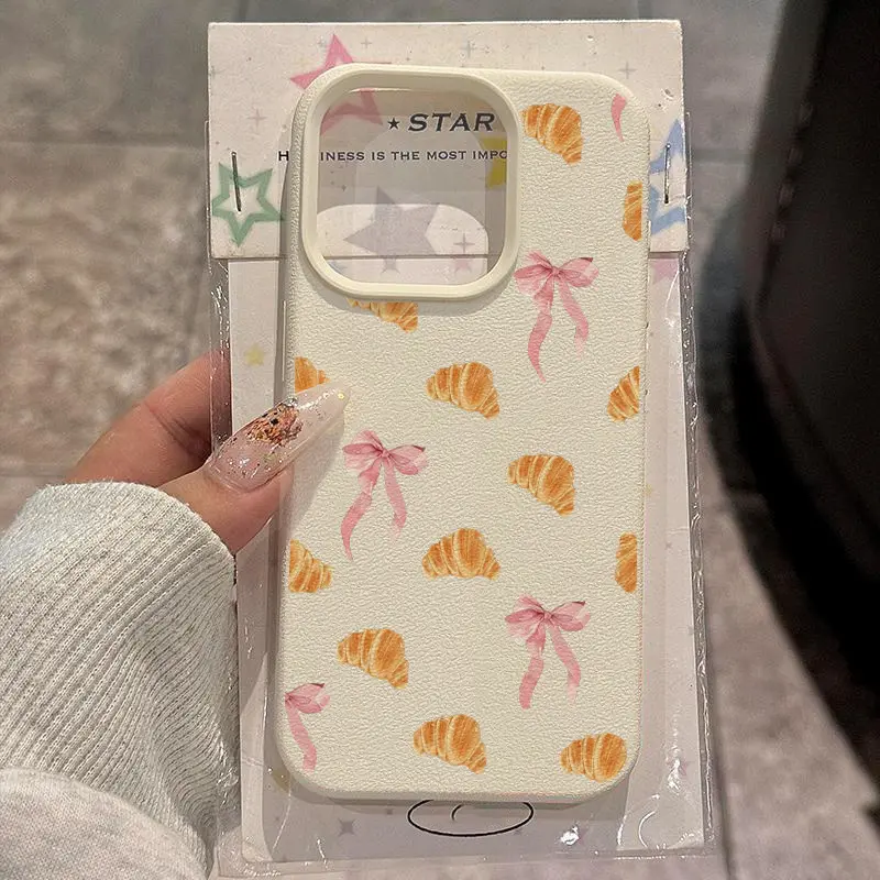 Sweet croissant bow pattern phone case, shockproof frosted back cover, perfect for fashion lovers and music enthusiasts. Compatible with iPhone 17/16/15/14/13/12/11/X/XS/XSMAX., Accessories, Smartphone, Cellphone, Handheld,summerwins